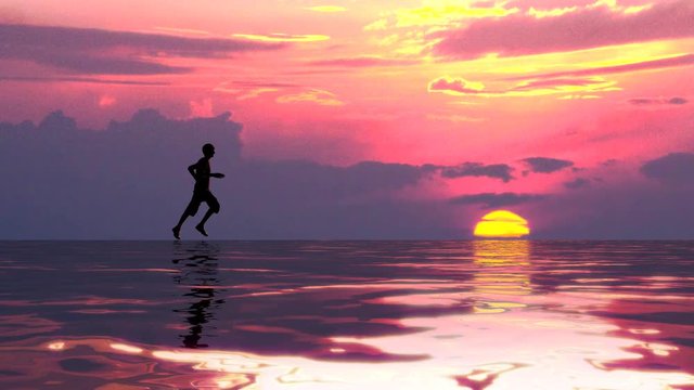 Homme sportif courant sur l'eau. Rendu 3D
