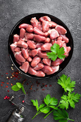 Raw chicken hearts. Fresh chicken hearts