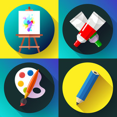 Fine arts icon set vector illustrations - easel with paint, brush and tube of paint with pencil