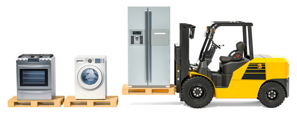 Delivery of household and kitchen appliances. Forklift truck with fridge and washing machine, gas cooker on the pallets. 3D rendering