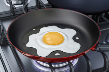 Frypan with fried egg on the gas cooker, 3D rendering
