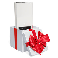Home gas boiler, water heater inside gift box, gift concept. 3D rendering