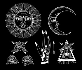 Fototapeta premium An ancient astronomical illustration of the sun, the moon, the stars, the rose