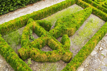 Santiago cross decorating a garden, Galicia, Spain