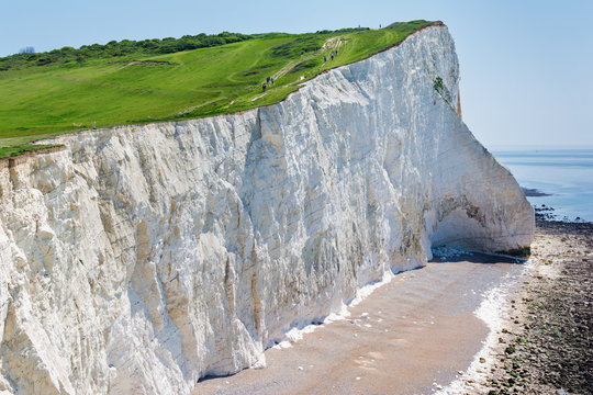 View of the white chalk cliffs in the morning, Seaford Head, East Sussex, England, part of Seven Sisters National park, selective focus