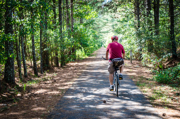 Fototapeta premium Adult senior man riding a bicycle on a trail through the forest. Fun recreational outdoor activity and exercise of biking. Enjoying the outdoors during relaxing vacation.