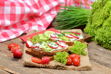 Grain bread with spread, fresh radish, cucumber and tomatoes on - concept of healthy fitness breakfast or snack, fresh salad and chives in the background