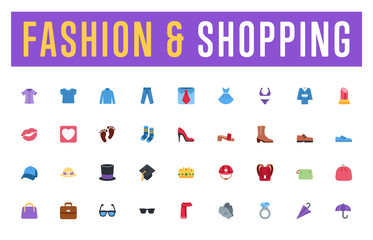 All fashion, clothes, shopping collection vector illustration flat style symbols, emoticons, emojis, icons set, stickers pack 
