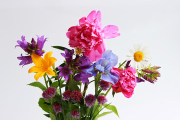 a bouquet of different wild field and garden flowers: chamomile, bell, lily, chives, iris, peony.