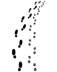 Footprints of man and dog, turn right, vector
