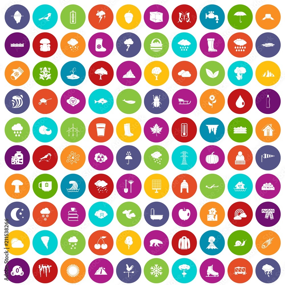 Poster 100 clouds icons set in different colors circle isolated vector illustration