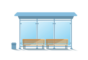 Modern glass bus stop with benches for passengers. Vector. Flat style.