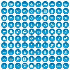 100 woman happy icons set in blue circle isolated on white vectr illustration