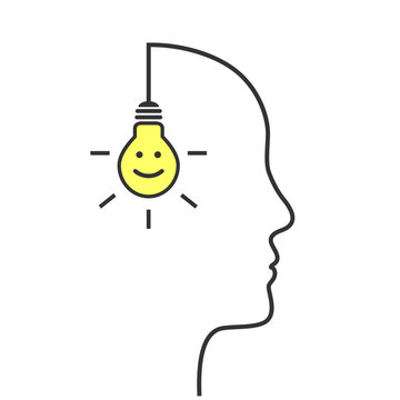 Light bulb with smiley face and profile outline made of wire as positive thinking, happy attitude and good idea concept