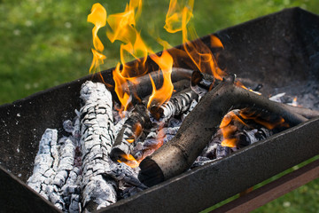 Burning woods and ember outdoors. Flame and fire sparks. Bonfire.