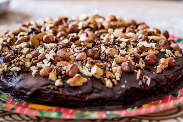 Homemade chocolate cake with walnuts