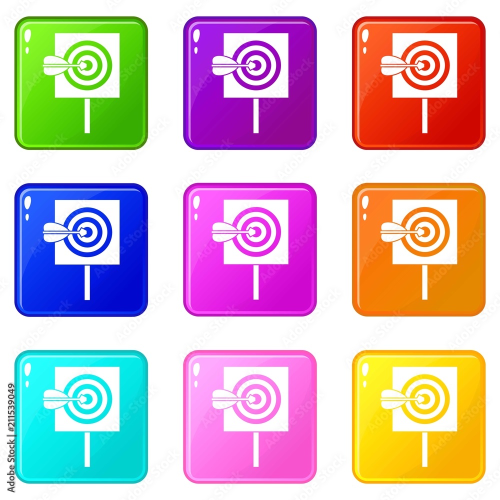 Poster arrow in the center of target icons of 9 color set isolated vector illustration