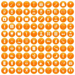 100 medical care icons set in orange circle isolated on white vector illustration