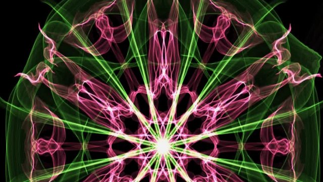 Multicolored fractal turning in space, live fractal video background on black area, laser show projektion, 4k video