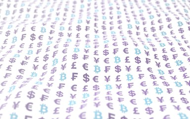 Bitcoin and currency on a white background. Digital Cryptocurrency symbol. Wave effect, currency market fluctuations. Business concept. 3D illustration