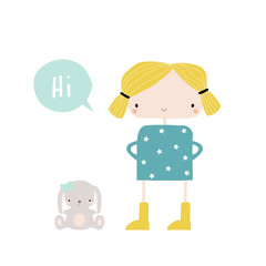 Little girl with bunny toy. Vector hand drawn illustration.