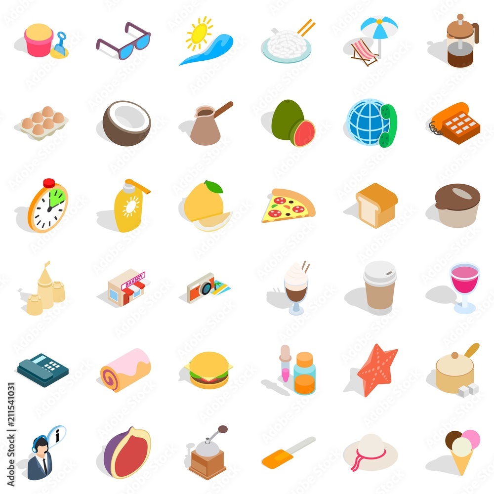 Poster rest in beach icons set. isometric style of 36 rest in beach vector icons for web isolated on white 