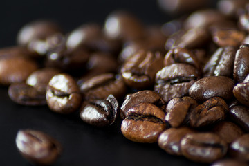 Coffee Beans On Dark Background. Macro Photography