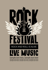 Fototapeta premium Vector poster or banner for Rock Festival of live music with an electric guitar, wings, fire and place for text. Rock and roll is alive