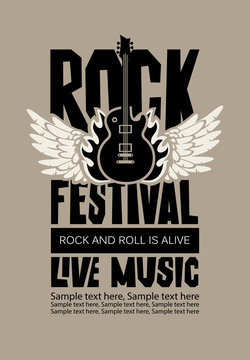 Vector poster or banner for Rock Festival of live music with an electric guitar, wings, fire and place for text. Rock and roll is alive