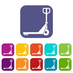 Hand truck icons set vector illustration in flat style in colors red, blue, green, and other