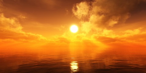 Naklejka na ściany i meble Beautiful sea sunset. The sun is among the clouds over the water. Light over the ocean. 3D rendering 