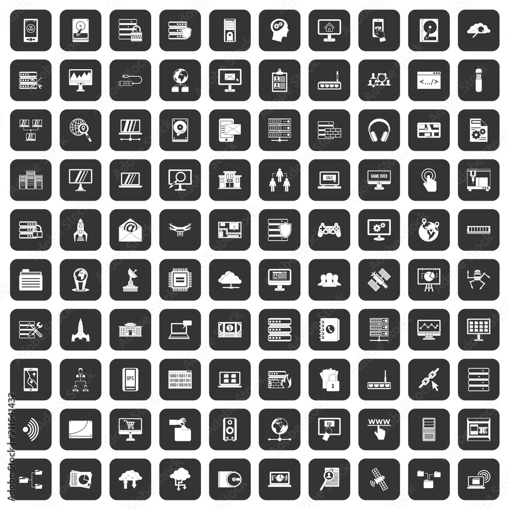 Poster 100 database and cloud icons set in black color isolated vector illustration