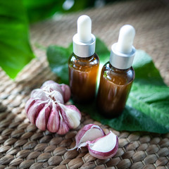 Bottles of garlic oil and sliced garlic оn a natural green background. Homeopathic and herbal medicine.