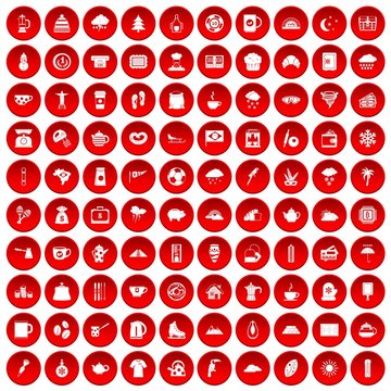 100 coffee cup icons set in red circle isolated on white vectr illustration