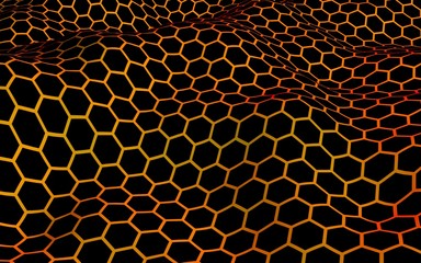 Honeycomb wave effect on a red yellow background. Perspective view on polygon look like honeycomb. Isometric geometry. 3D illustration