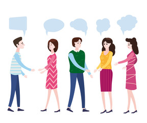 Obraz premium Vector illustration, modern cartoon style, businessmen discuss social network, news, social networks, chat, dialogue speech bubbles, characters, isolated