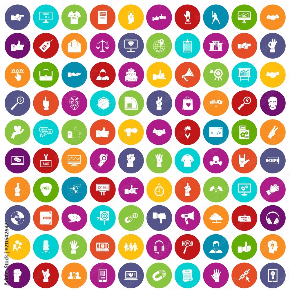 Poster 100 different gestures icons set in different colors circle isolated vector illustration