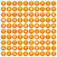 100 network icons set in orange circle isolated on white vector illustration