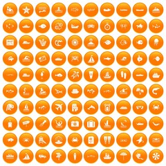 100 ocean icons set in orange circle isolated on white vector illustration