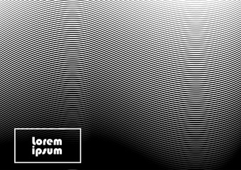 Horizontal abstract background with striped halftone pattern in black and white colors. A wavy texture of gradient line ornament. Design template of flyer, banner, cover, poster in A4 size. Vector 