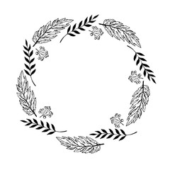 Fototapeta na wymiar Doodle monochrome berry and leaf circle frame on a white background. Wreath of leaves. Ready template for design, postcards, printing.
