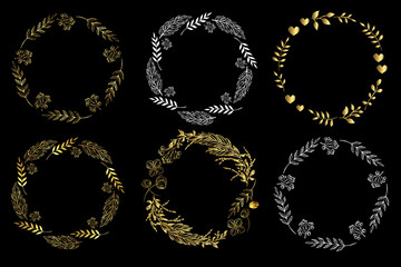 Set of circle frames on a black background. Doodle leaf, flowers and berry wreaths. Ready templates for design, postcards, printing.