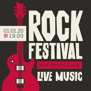Vector poster or banner for Rock Festival of live music with an electric guitar on black background. Rock and roll is alive