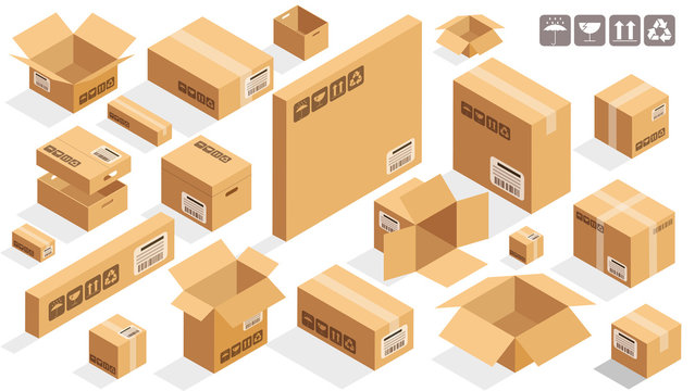 Isometric vector cardboard brown boxes