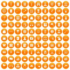 100 police icons set in orange circle isolated on white vector illustration