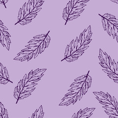 Pastel vector seamless pattern with hand drawn leaves. Soft and trendy color of the backdrop.