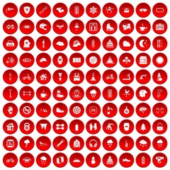 100 glove icons set in red circle isolated on white vectr illustration