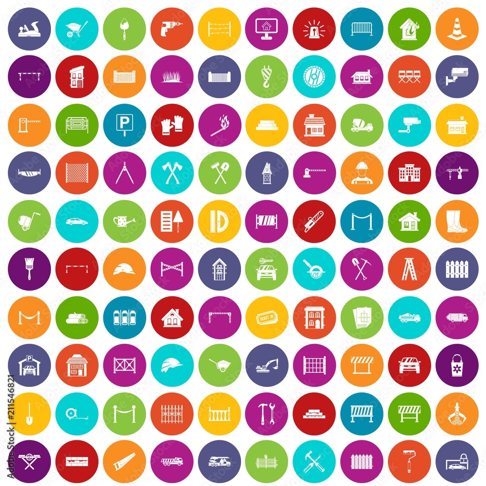 Poster 100 fence icons set in different colors circle isolated vector illustration