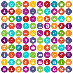 100 festive day icons set in different colors circle isolated vector illustration