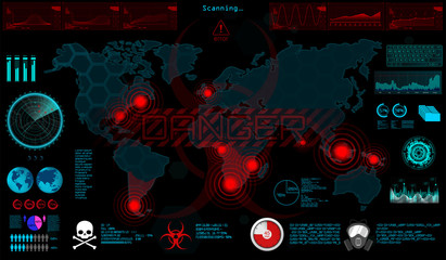 GUI. World Virus in HUD style. The Spreading Virus on The World Map, The Threat of Infection of The World. Otic Infected Areas, Quarantine Zones, Epidemic, Ebola, Apocalipsis. Vector illustration 